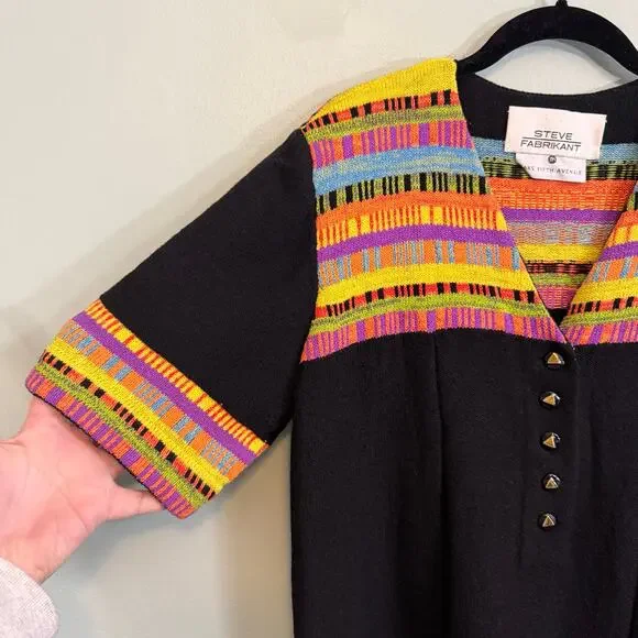 Vintage Steve 80s Fabrikant Wool Sweater Dress Large Black Colorful Retro Unique - Picture 4 of 9